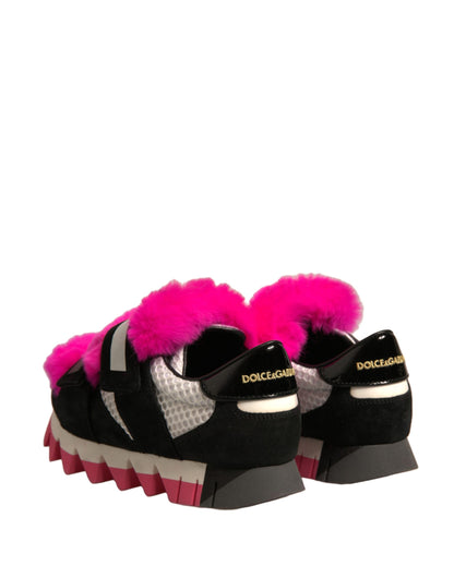 Black Pink Fur Embellished Sneakers Shoes