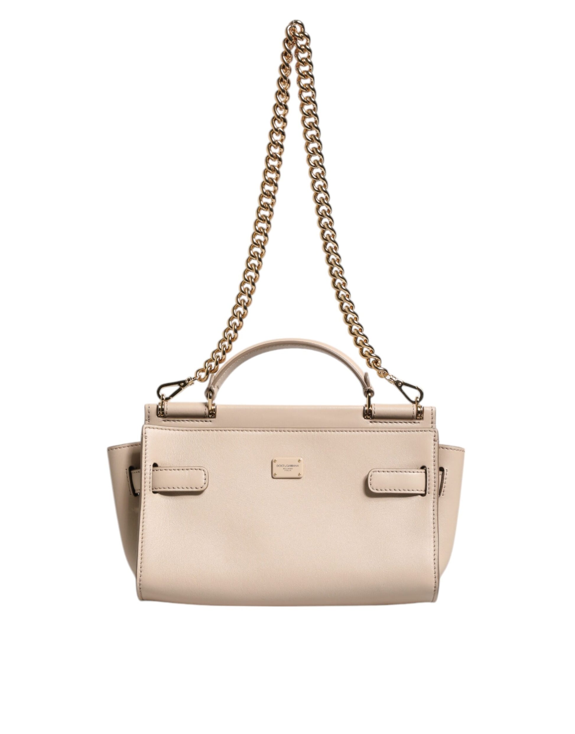 Beige Logo Plaque Leather Top Handle Strap Crossbody Bag