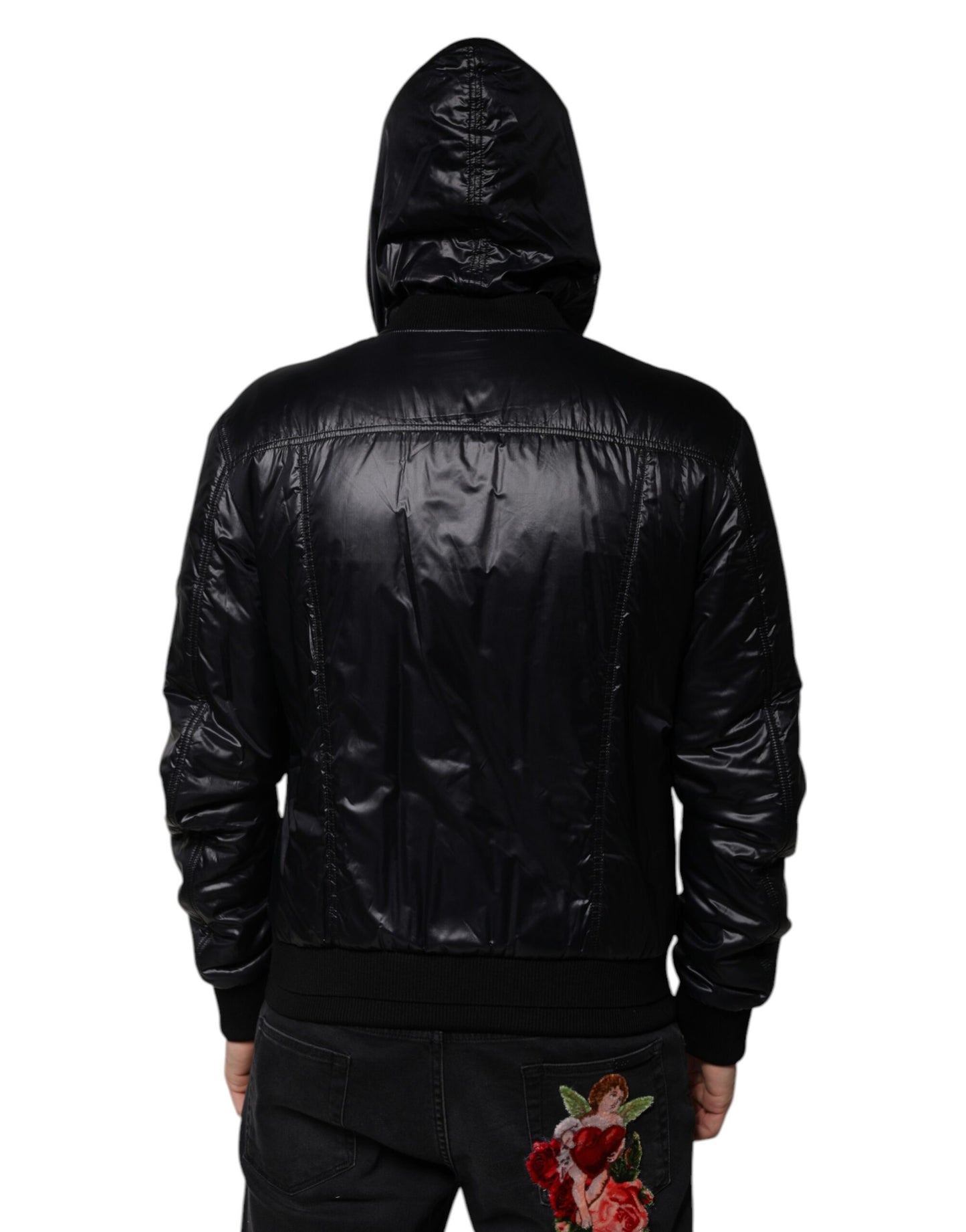 Black Nylon Hooded Full Zip Blouson Jacket