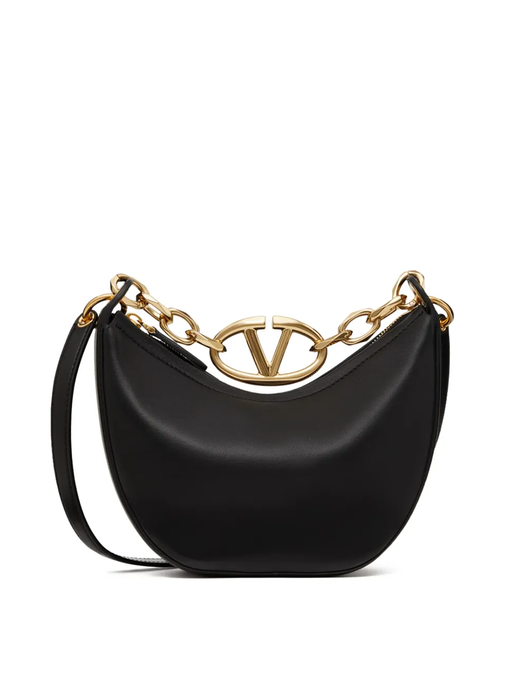 Black Leather Mini Hobo Vlogo Shoulder Bag