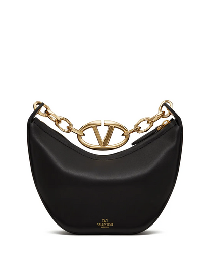 Black Leather Mini Hobo Vlogo Shoulder Bag