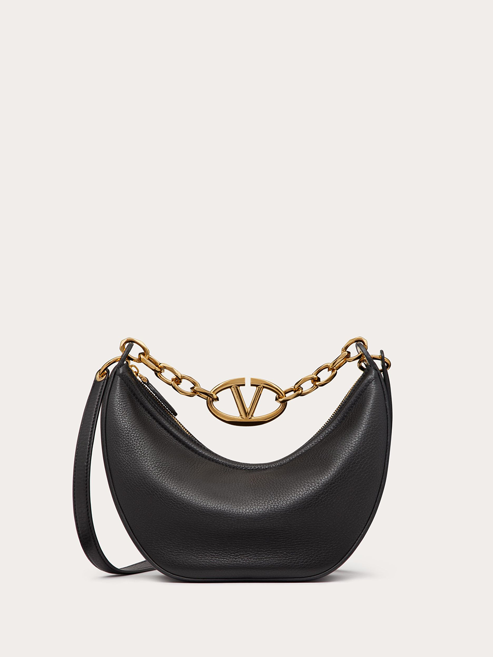 Black Leather Small Hobo Vlogo Shoulder Bag