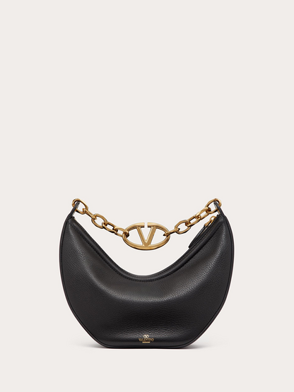 Black Leather Small Hobo Vlogo Shoulder Bag