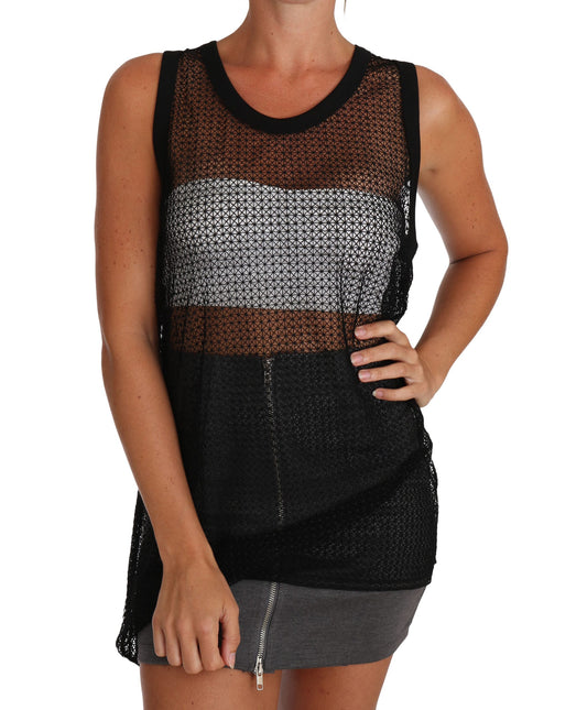 Elegante top de malla negro sin mangas