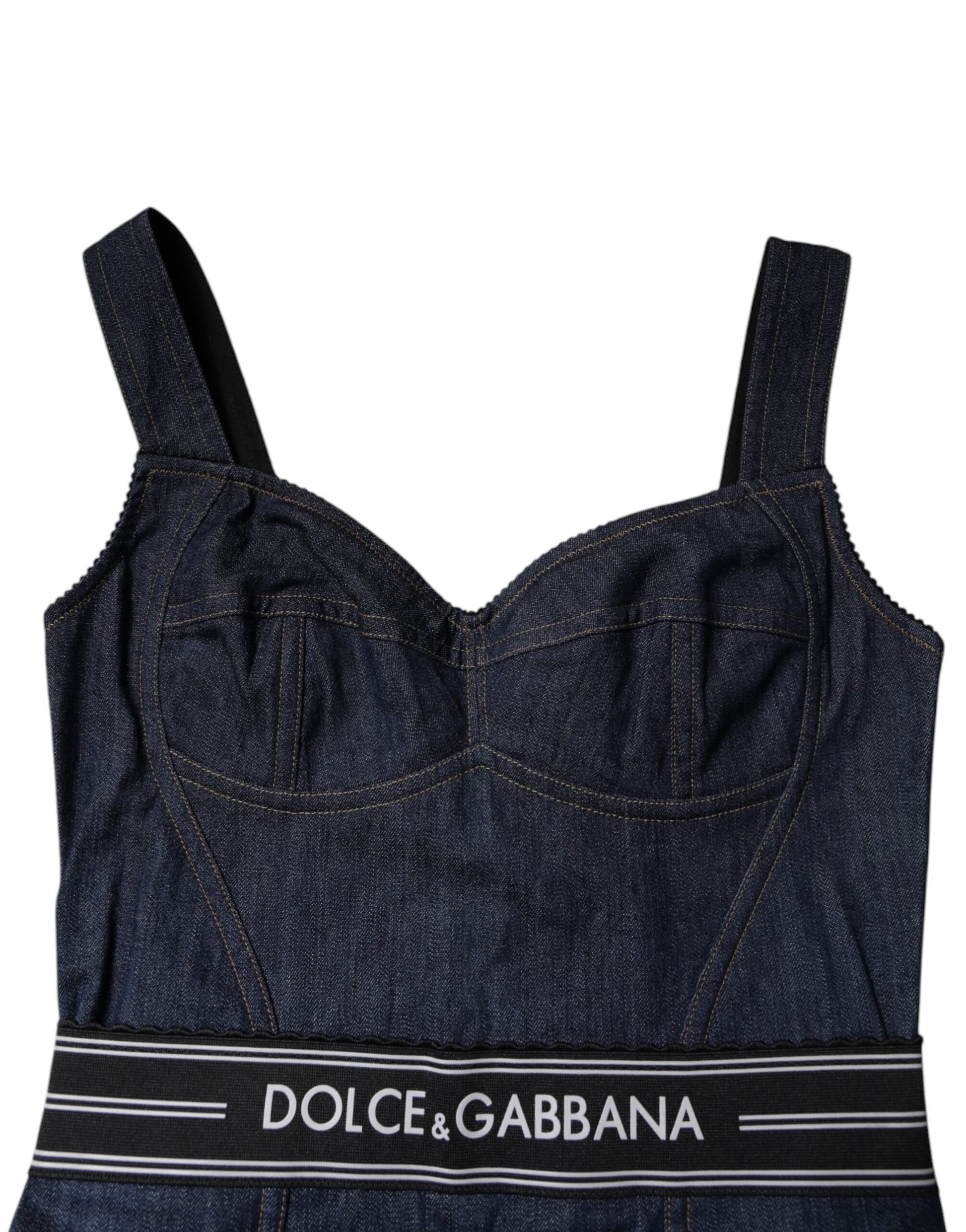 Blue Cotton Stretch Sleeveless Bodycon Denim Bodysuit