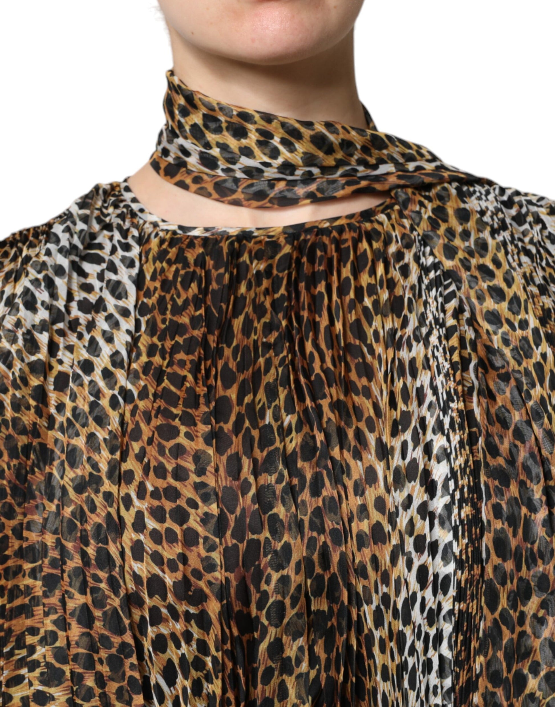 Brown Leopard Print Scarf Collared Chiffon Dress