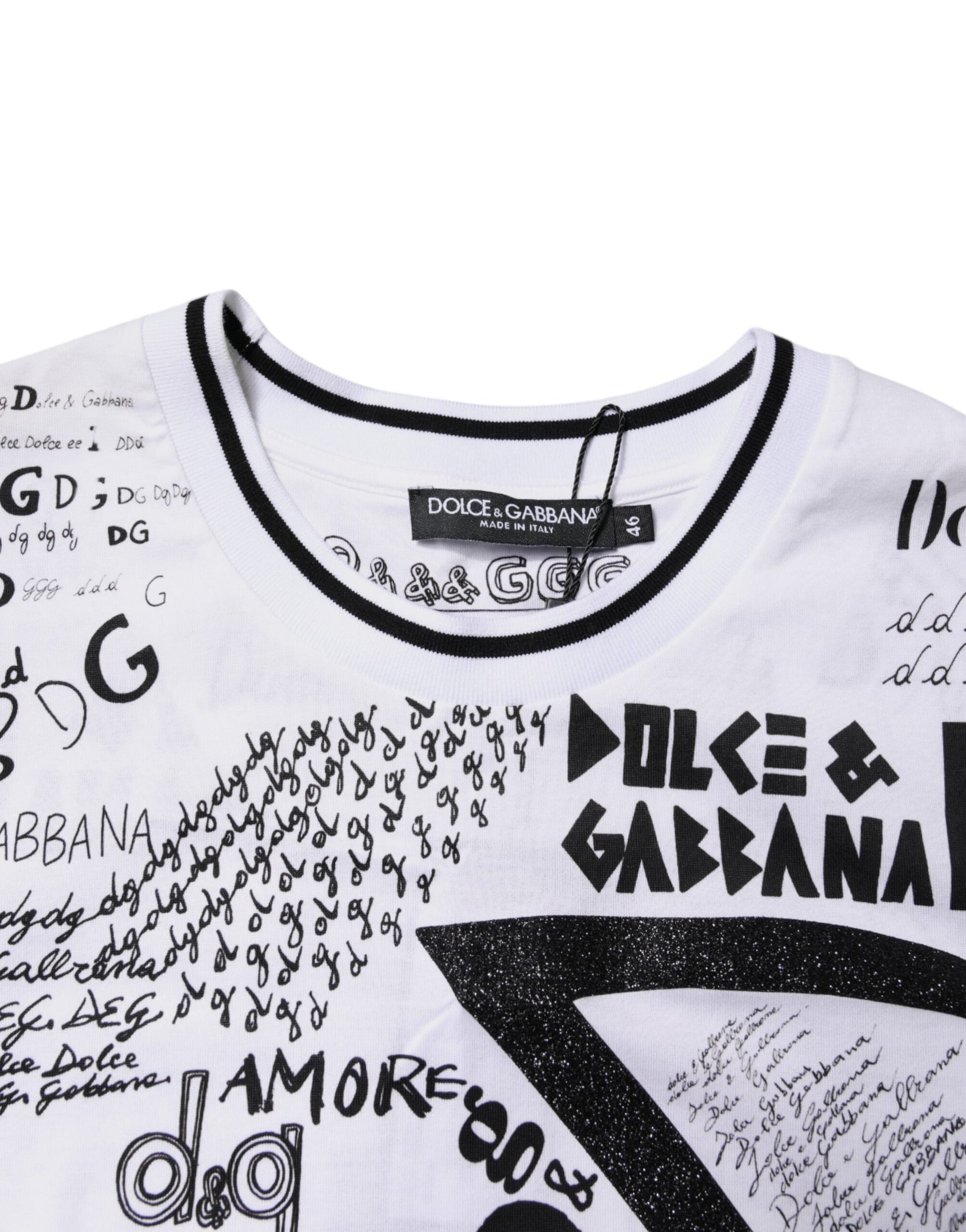 White Graffiti Print Cotton Crew Neck T-shirt