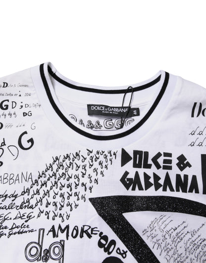 White Graffiti Print Cotton Crew Neck T-shirt