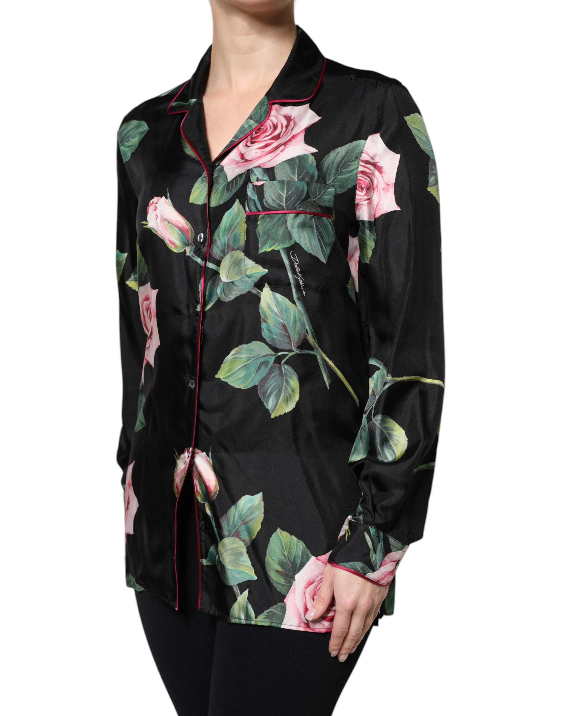 Black Floral Silk Lounge Sleepwear Blouse Top