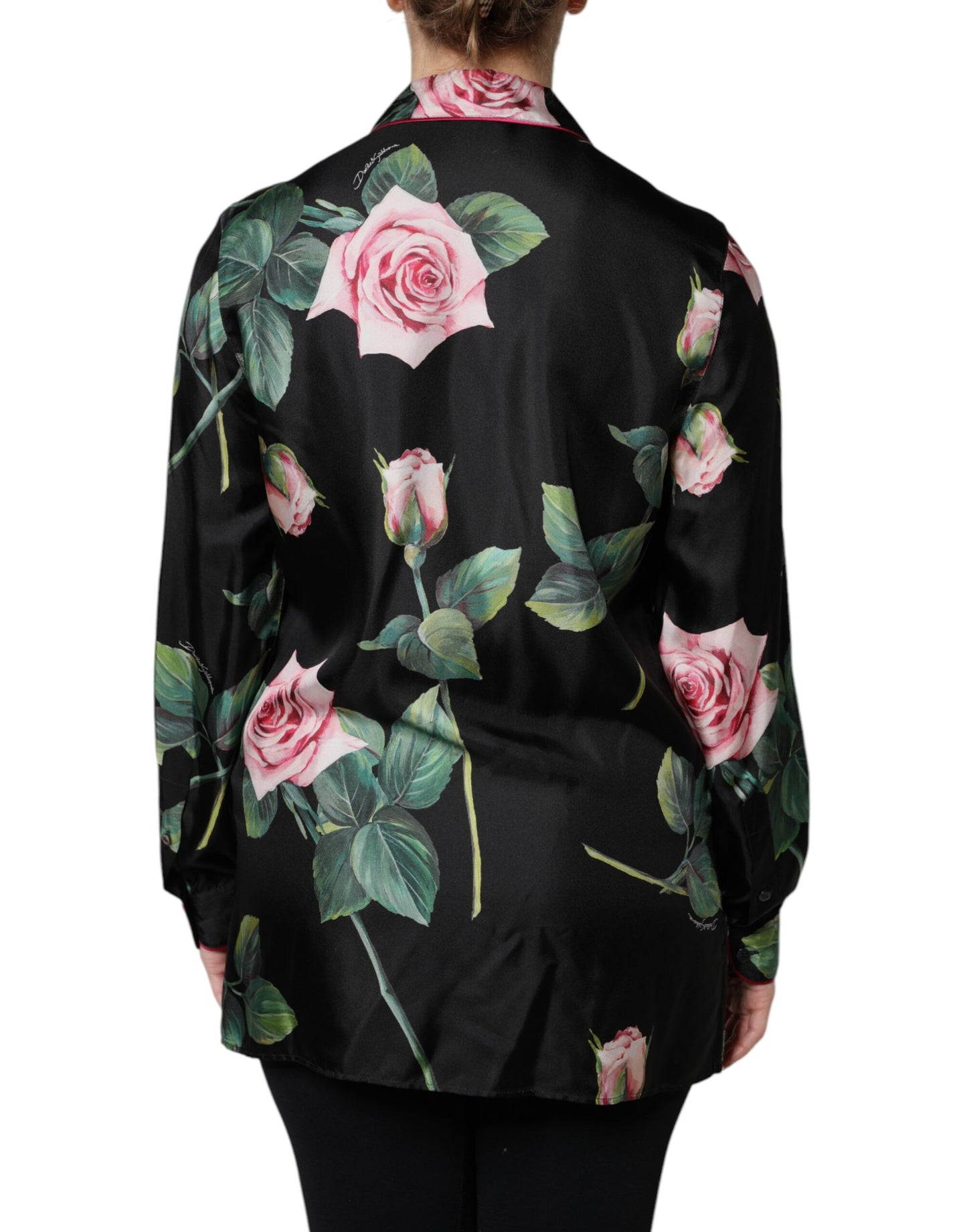 Black Floral Silk Lounge Sleepwear Blouse Top