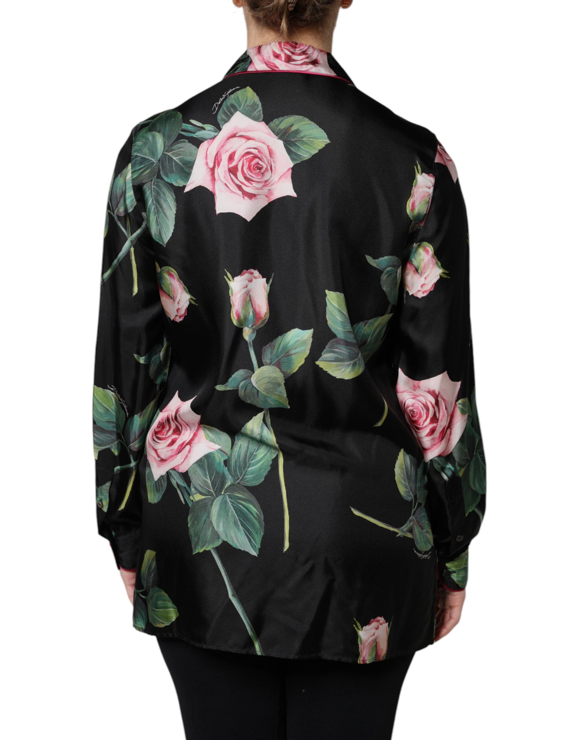 Black Floral Silk Lounge Sleepwear Blouse Top