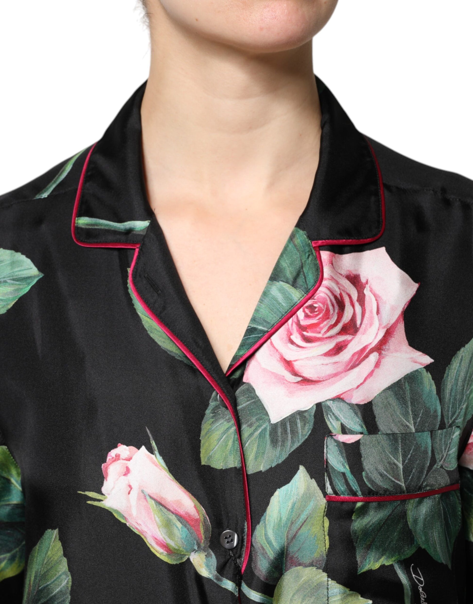 Black Floral Silk Lounge Sleepwear Blouse Top