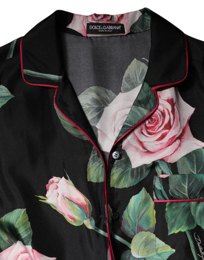 Black Floral Silk Lounge Sleepwear Blouse Top