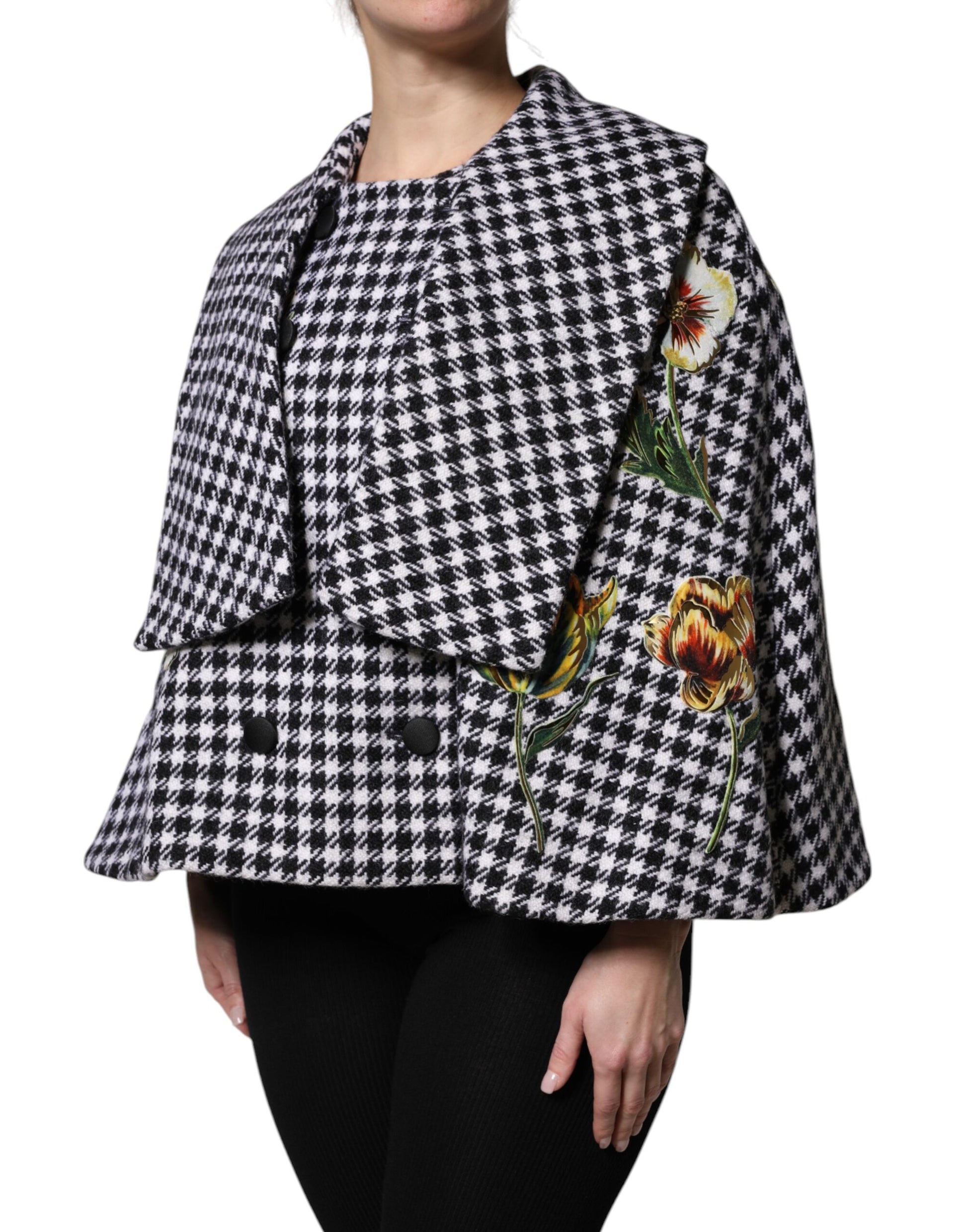 Black White Monochrome Patterned Floral Cape Jacket