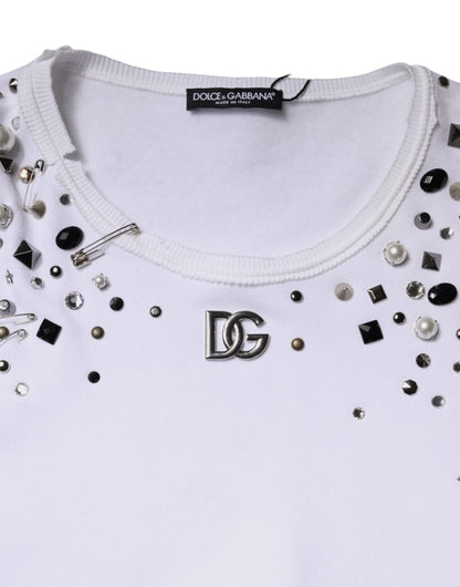 White Embellished Long Sleeve Cropped Sweater