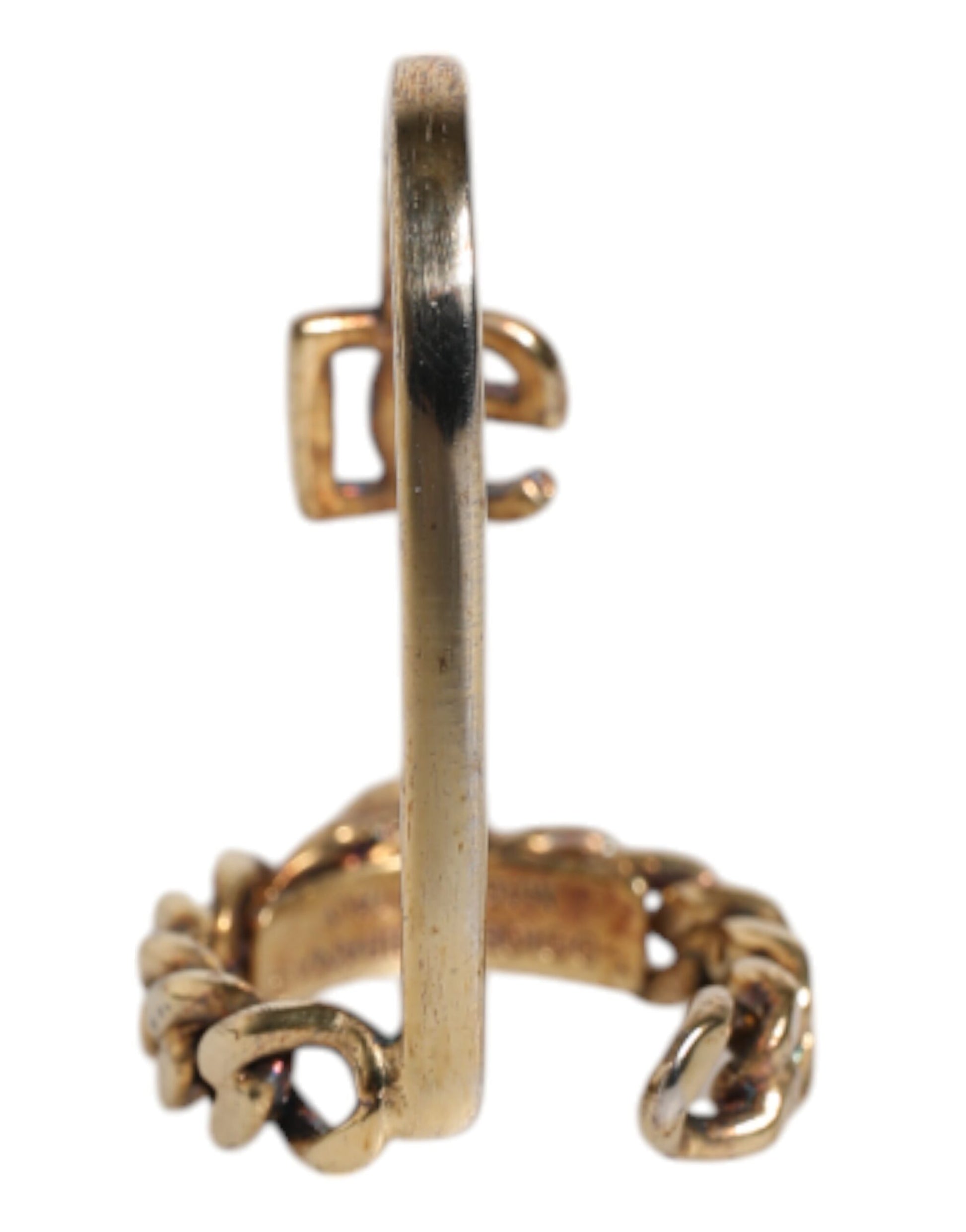 Gold Tone Engraved Logo Clear Crystals Adjustable Ring