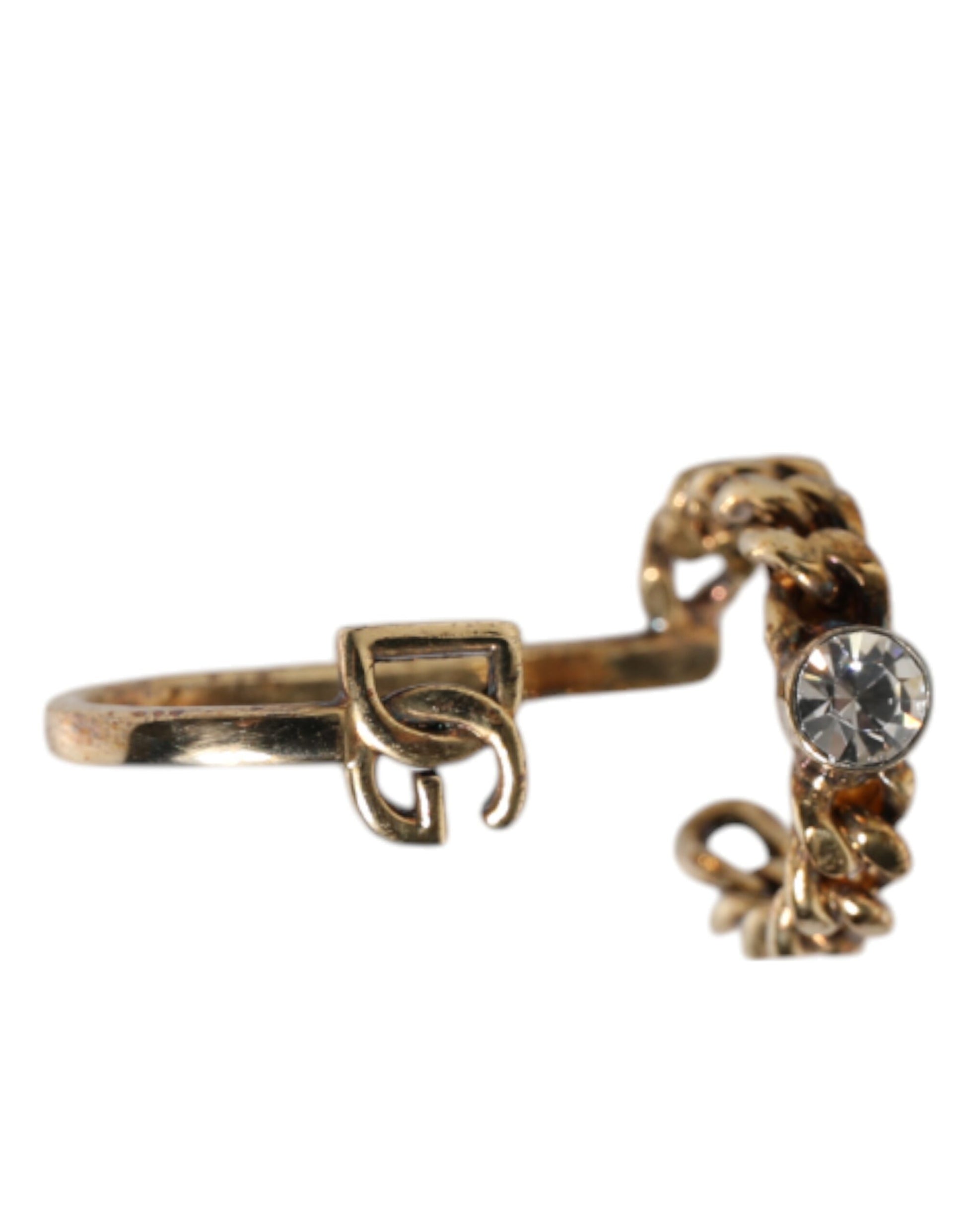 Gold Tone Engraved Logo Clear Crystals Adjustable Ring