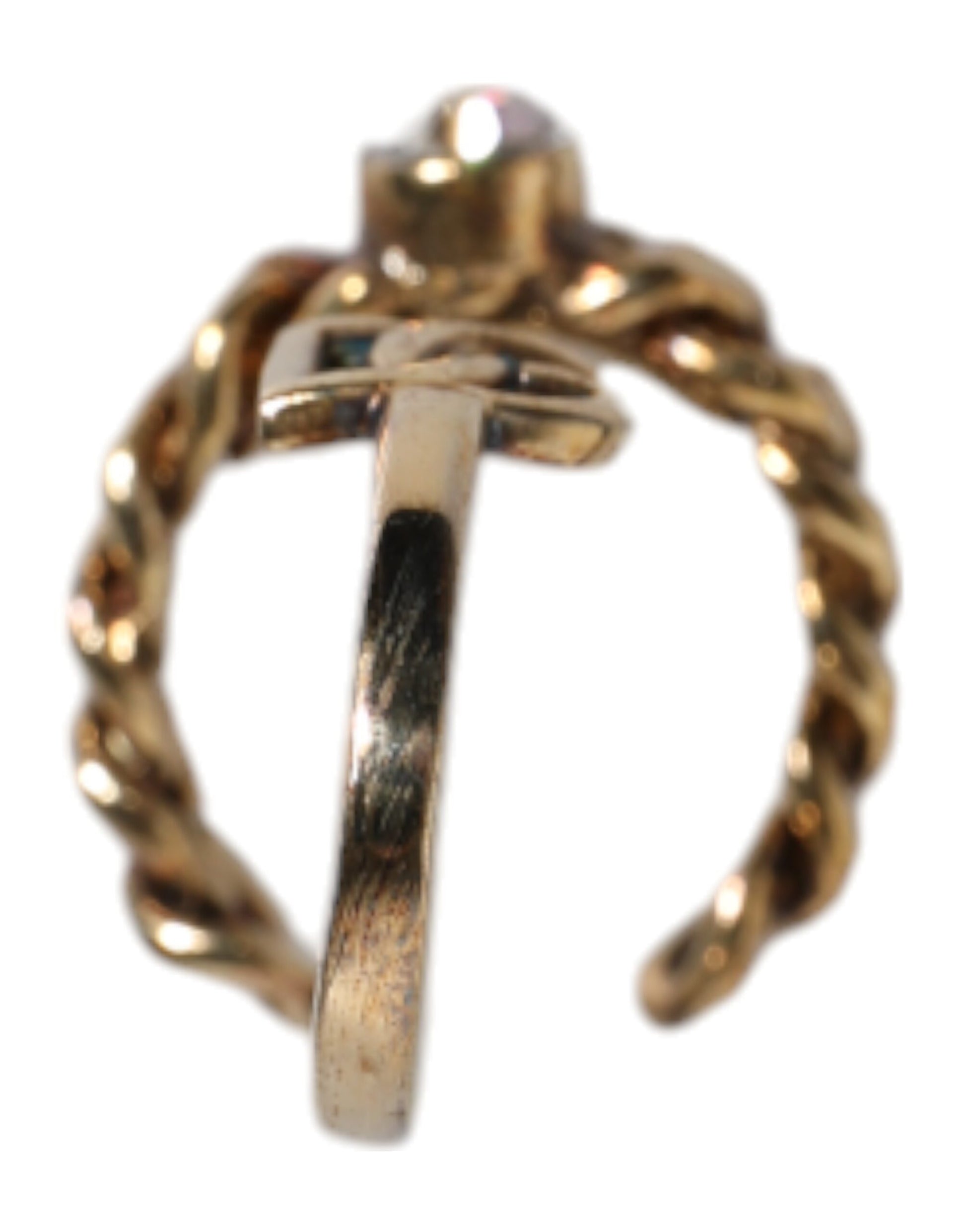 Gold Tone Engraved Logo Clear Crystals Adjustable Ring
