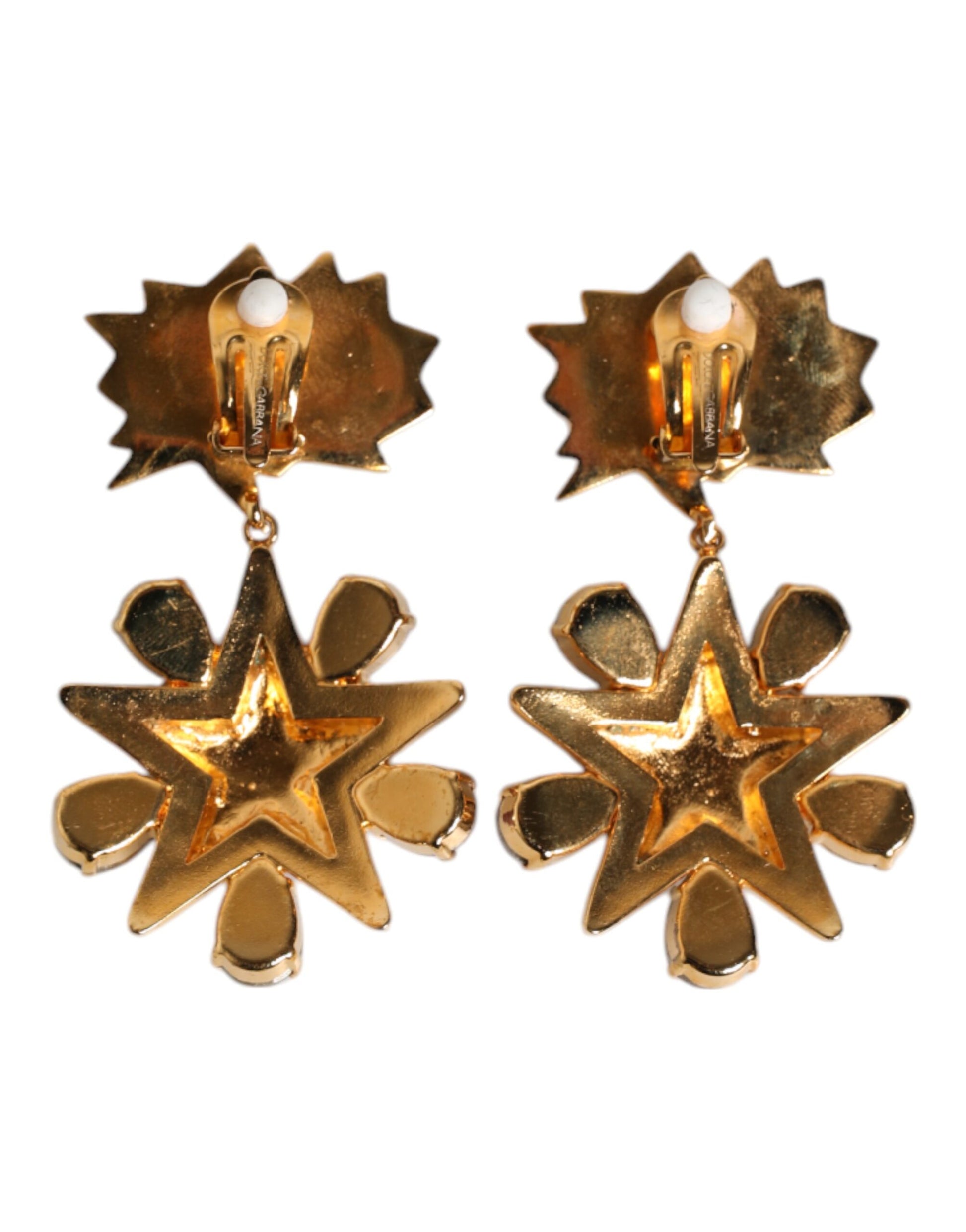 Gold Star-Shaped Sparkling Red Crystals Clip On Earrings