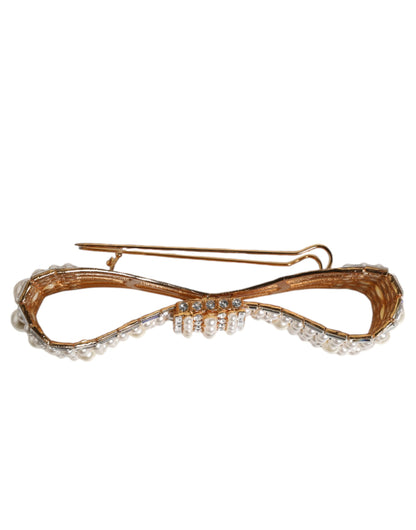 Gold Tone Brass Bow Crystal FauxPearl Embellished Brooch