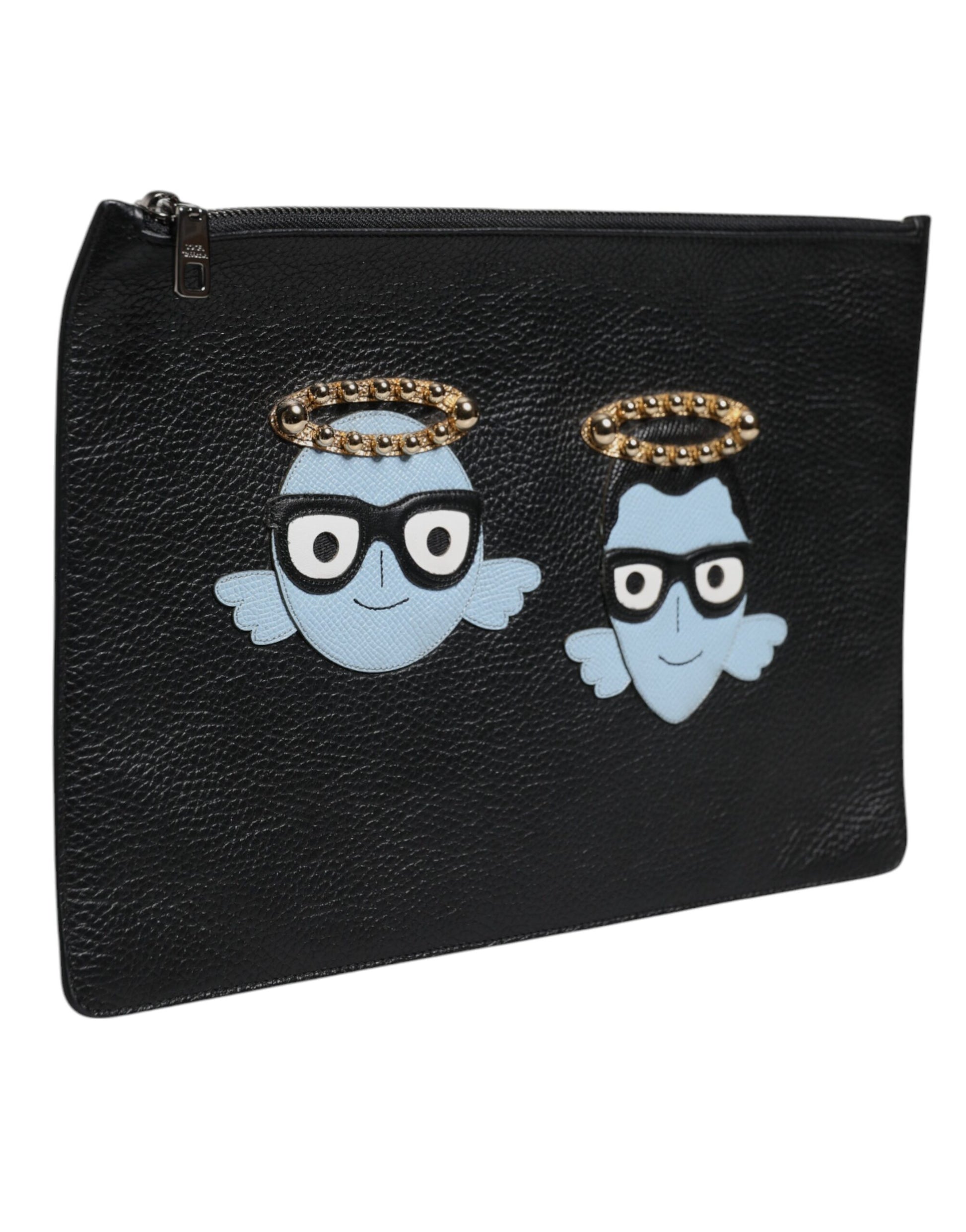 Black Leather #DGFAMILY Embellished Men Zip Pouch Bag