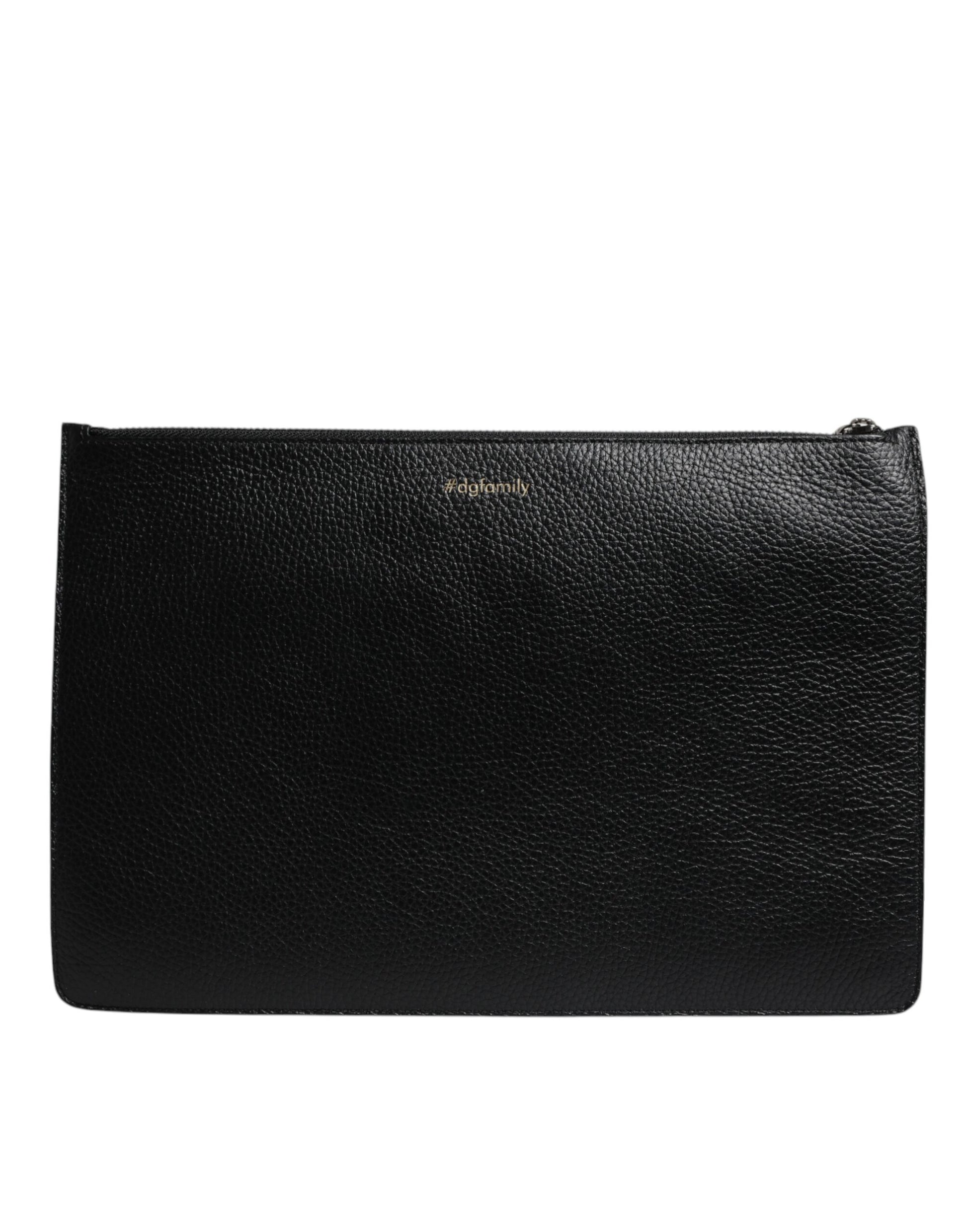 Black Leather #DGFAMILY Embellished Men Zip Pouch Bag