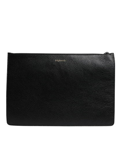 Black Leather #DGFAMILY Embellished Men Zip Pouch Bag