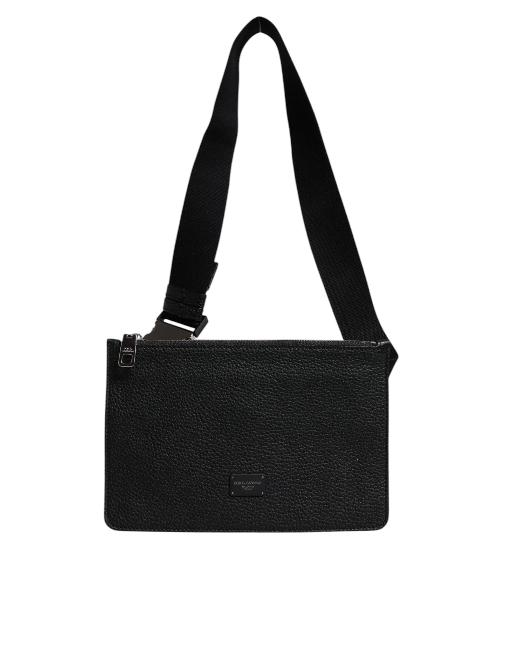 Black Leather Logo Plaque Purse Fanny Pack Bag