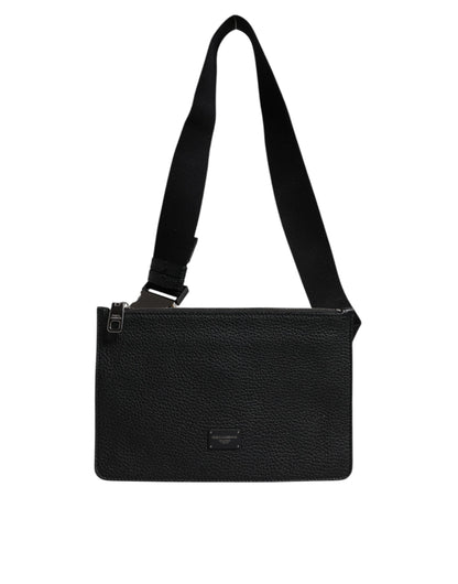 Black Leather Logo Plaque Purse Fanny Pack Bag