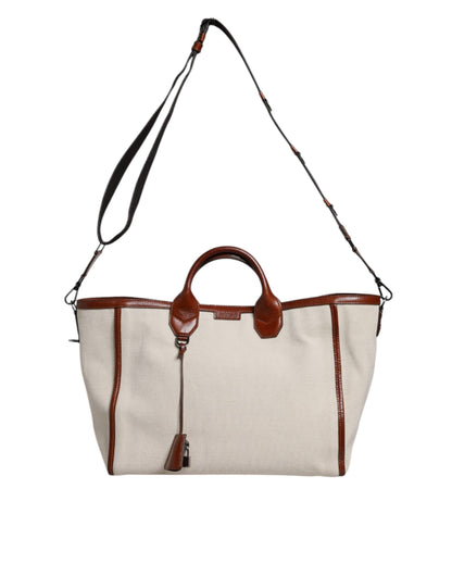 Beige Brown Cotton Leather Duffle Shoulder Bag