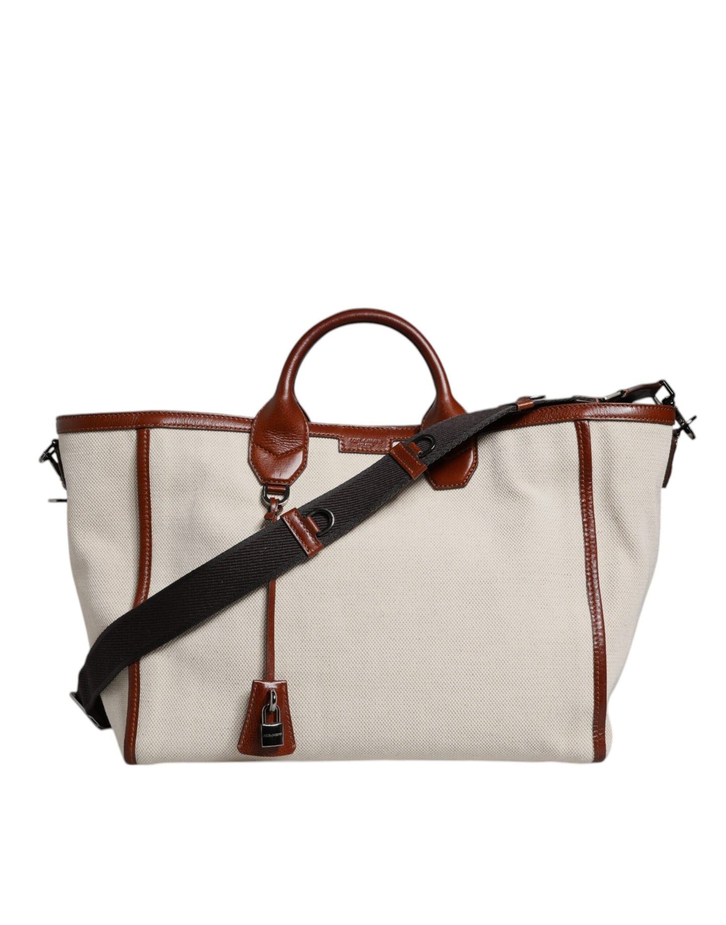 Beige Brown Cotton Leather Duffle Shoulder Bag