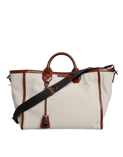Beige Brown Cotton Leather Duffle Shoulder Bag