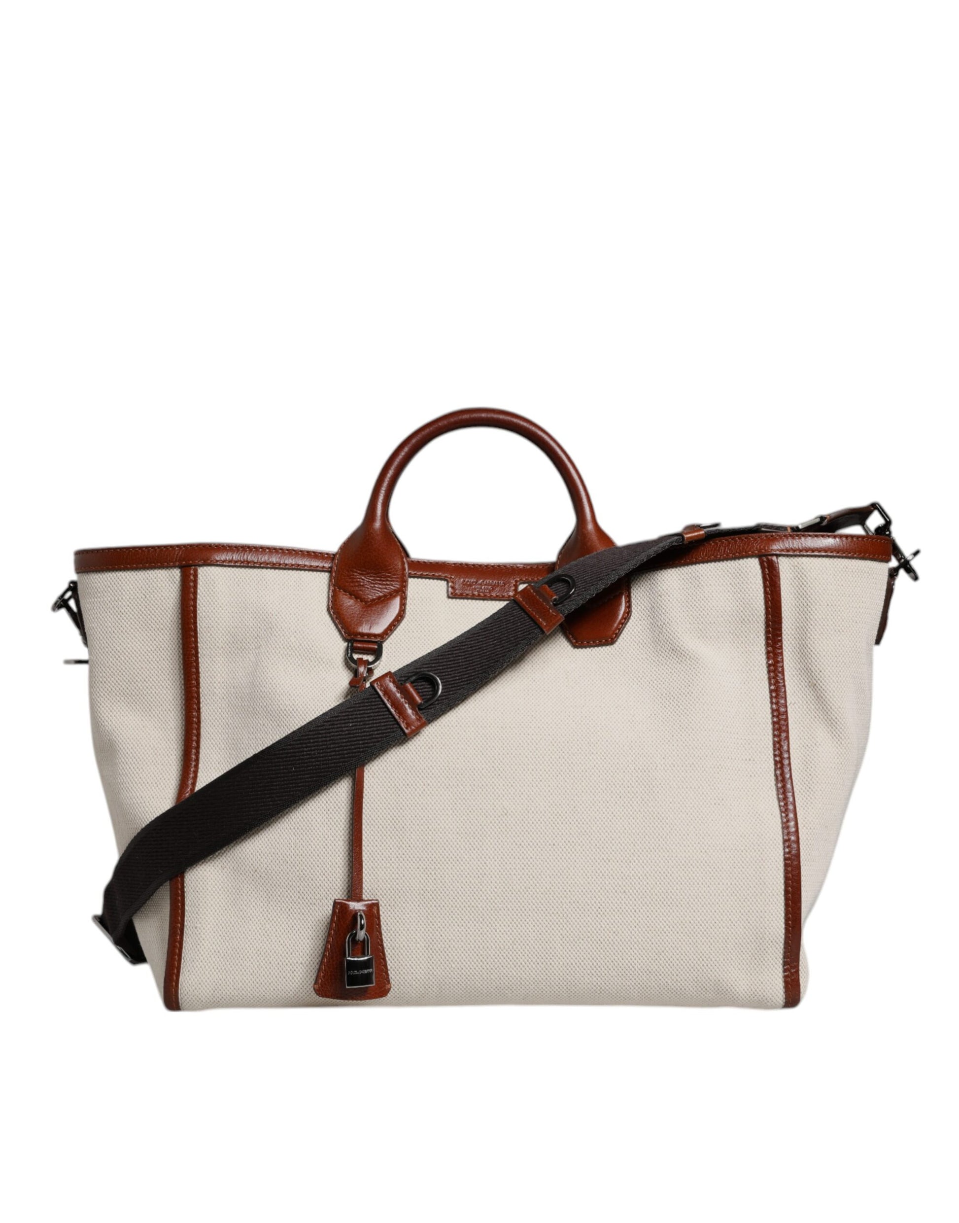 Beige Brown Cotton Leather Duffle Shoulder Bag
