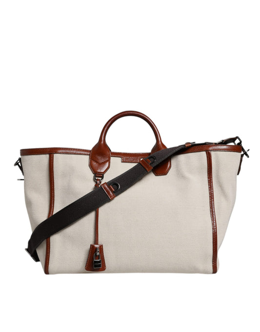 Beige Brown Cotton Leather Duffle Shoulder Bag