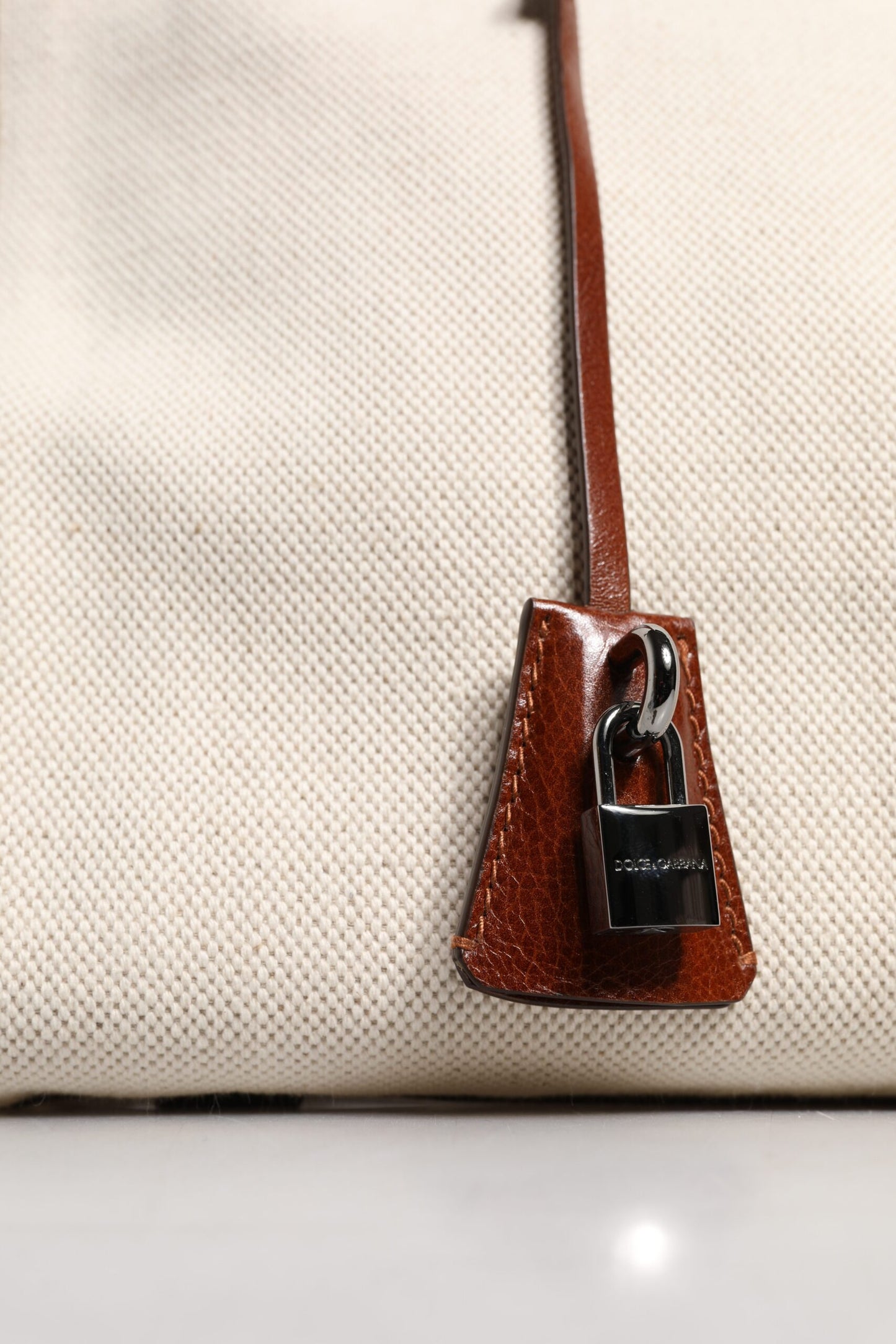Beige Brown Cotton Leather Duffle Shoulder Bag