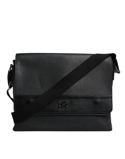 Black Logo Plaque Leather Messenger Shoulder Strap Bag