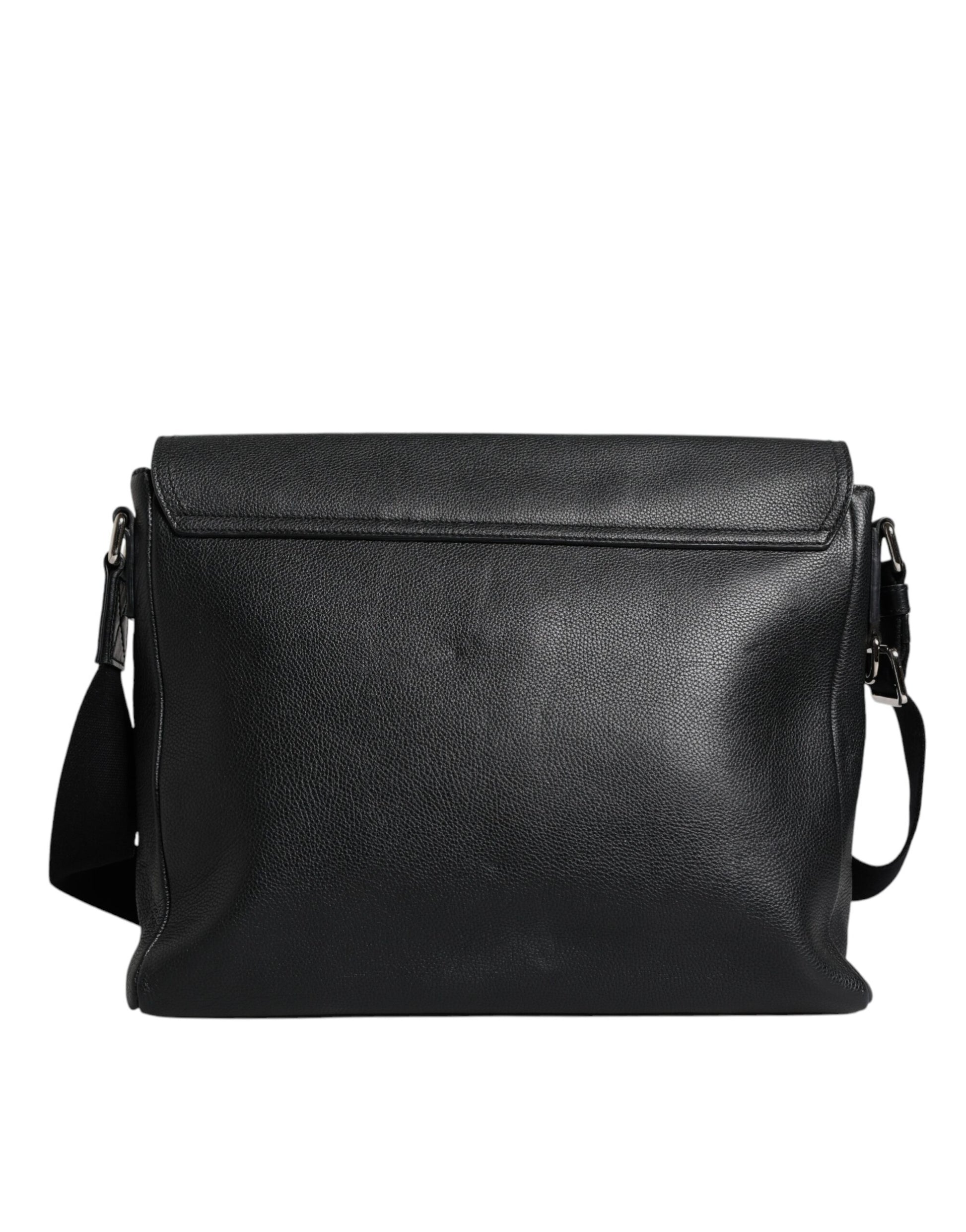Black Logo Plaque Leather Messenger Shoulder Strap Bag