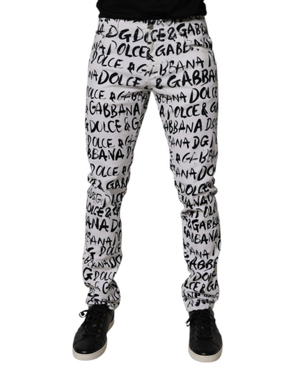 White Cotton Logo Print Skinny Denim Jeans