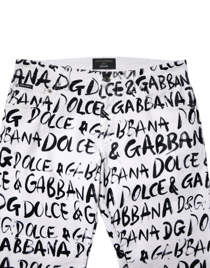 White Cotton Logo Print Skinny Denim Jeans