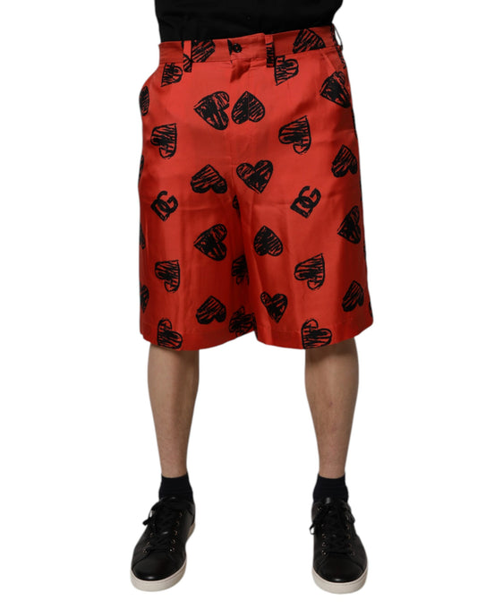 Orange Silk Heart Print Bermuda Shorts