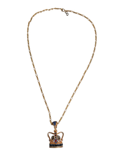 Gold Tone Chain Brass Crystal Crown Pendant Necklace