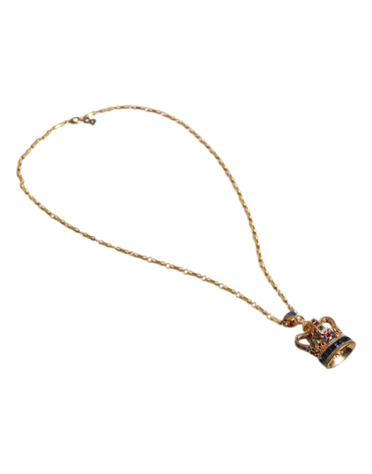 Gold Tone Chain Brass Crystal Crown Pendant Necklace