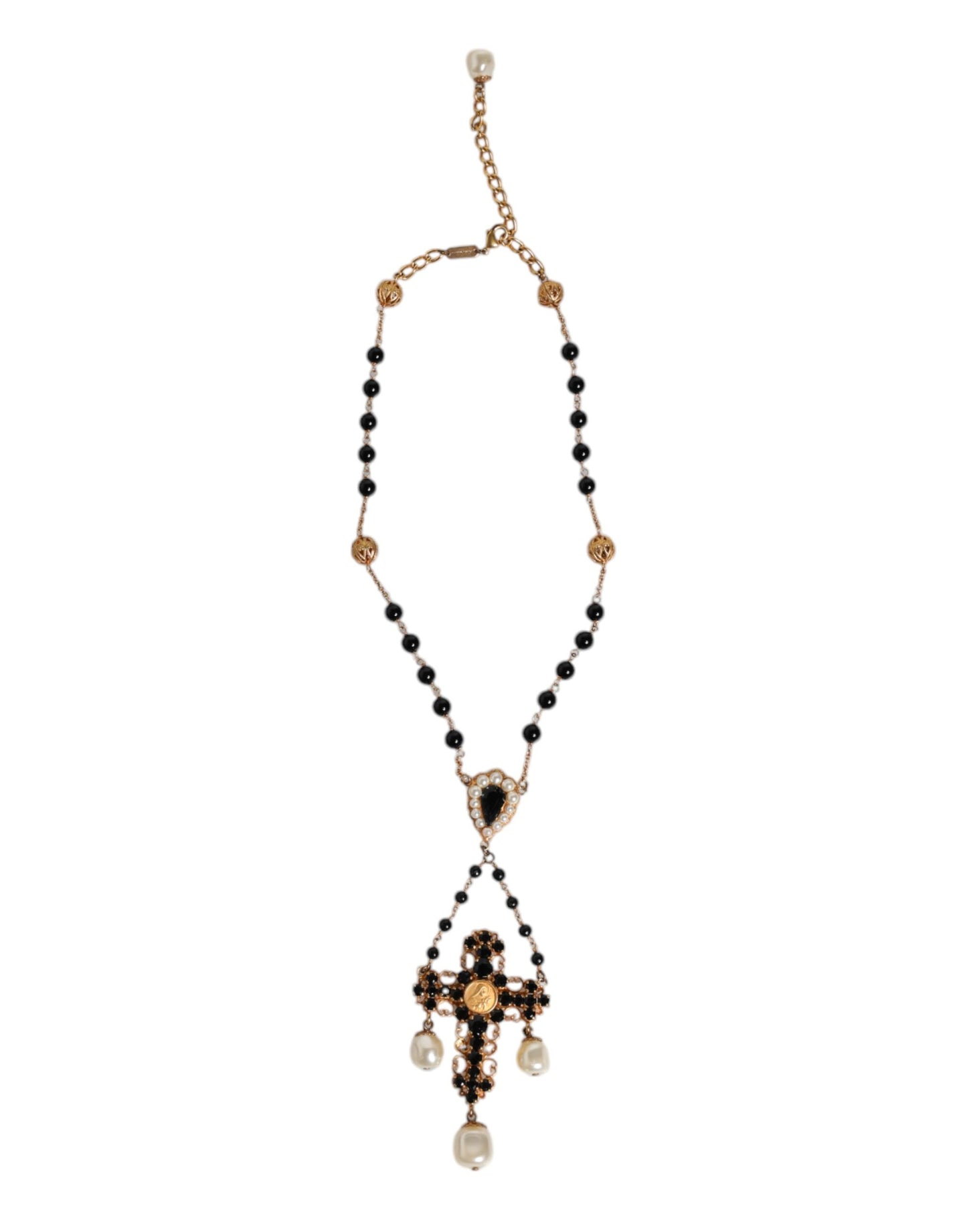 Gold Brass Black Beaded Chain Rosary Pendant Necklace