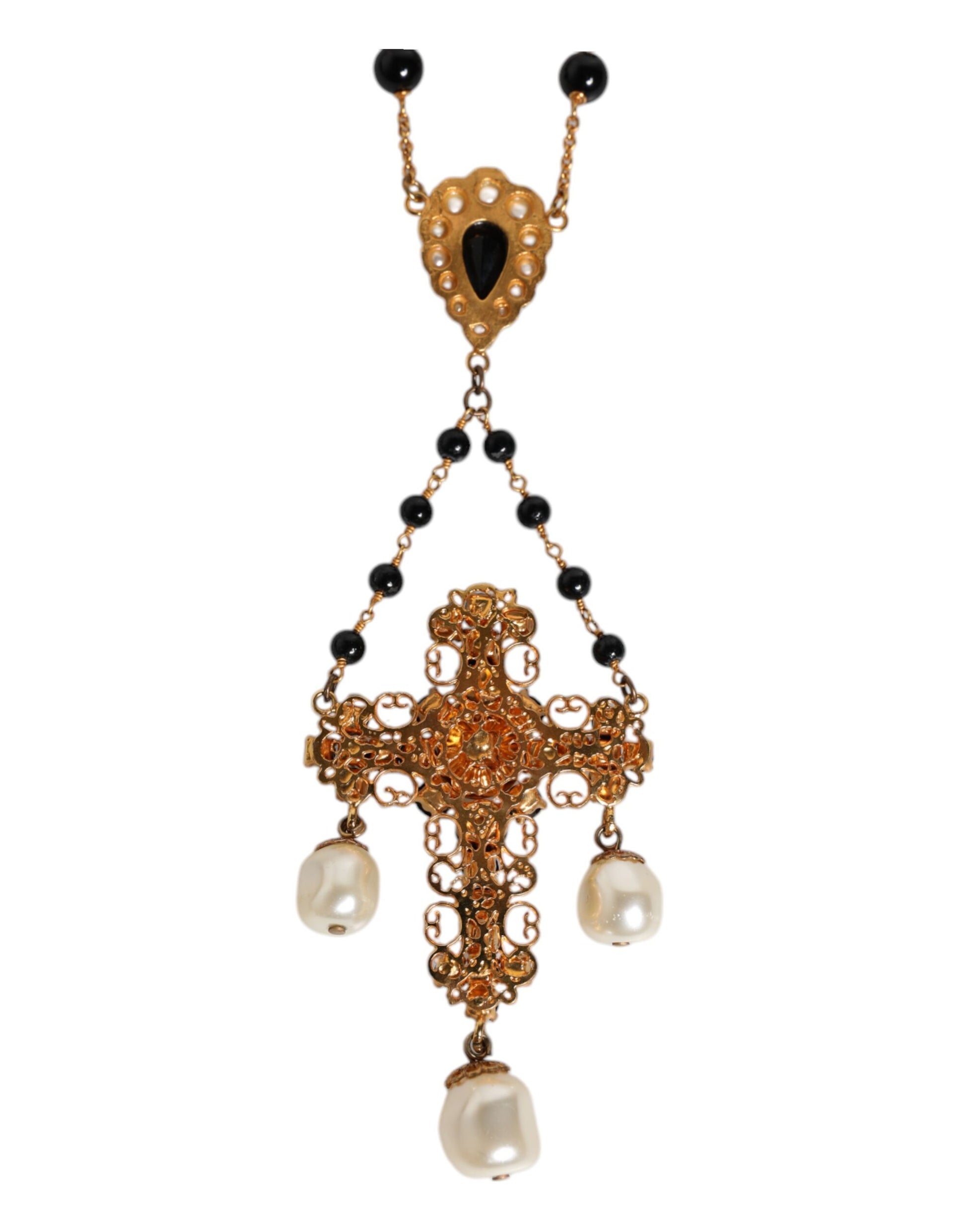 Gold Brass Black Beaded Chain Rosary Pendant Necklace