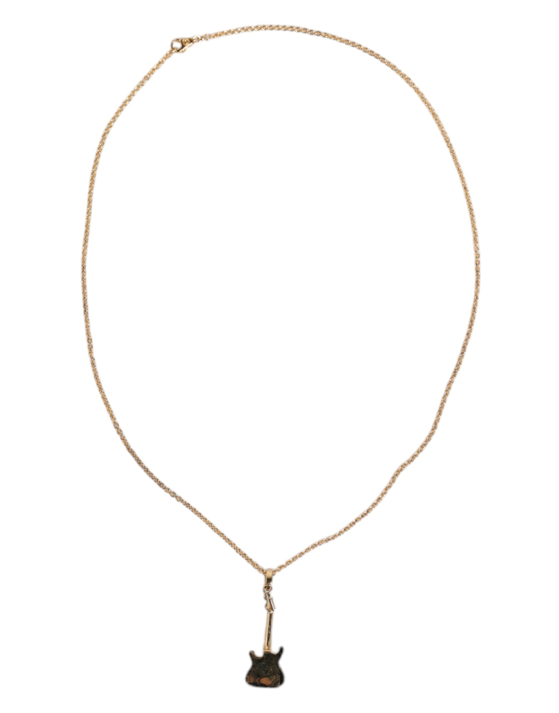 Gold Tone Chain Brass Crystal Guitar Pendant Necklace