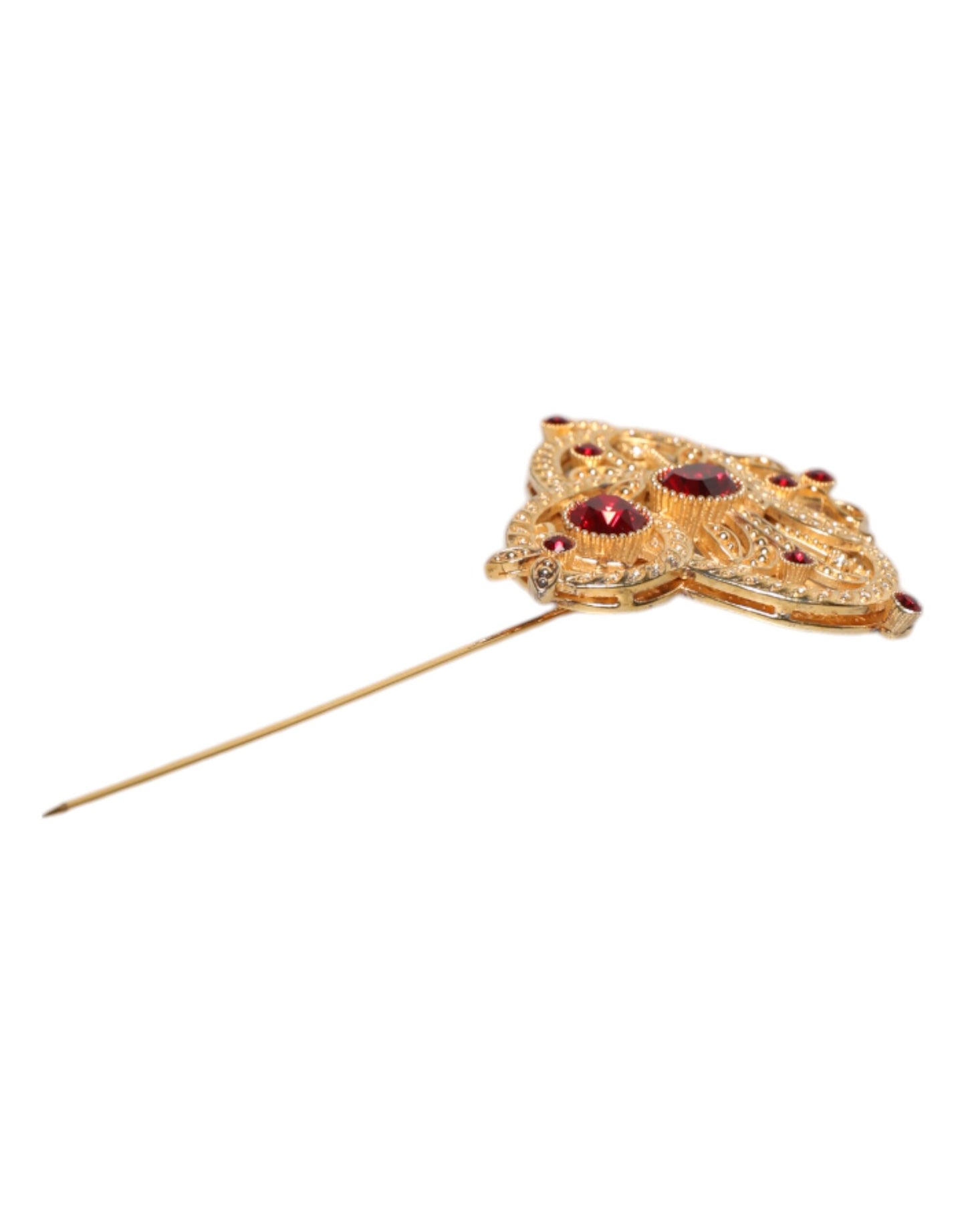 Gold Tone Red Crystal Embellish 925 Sterling Silver Pin