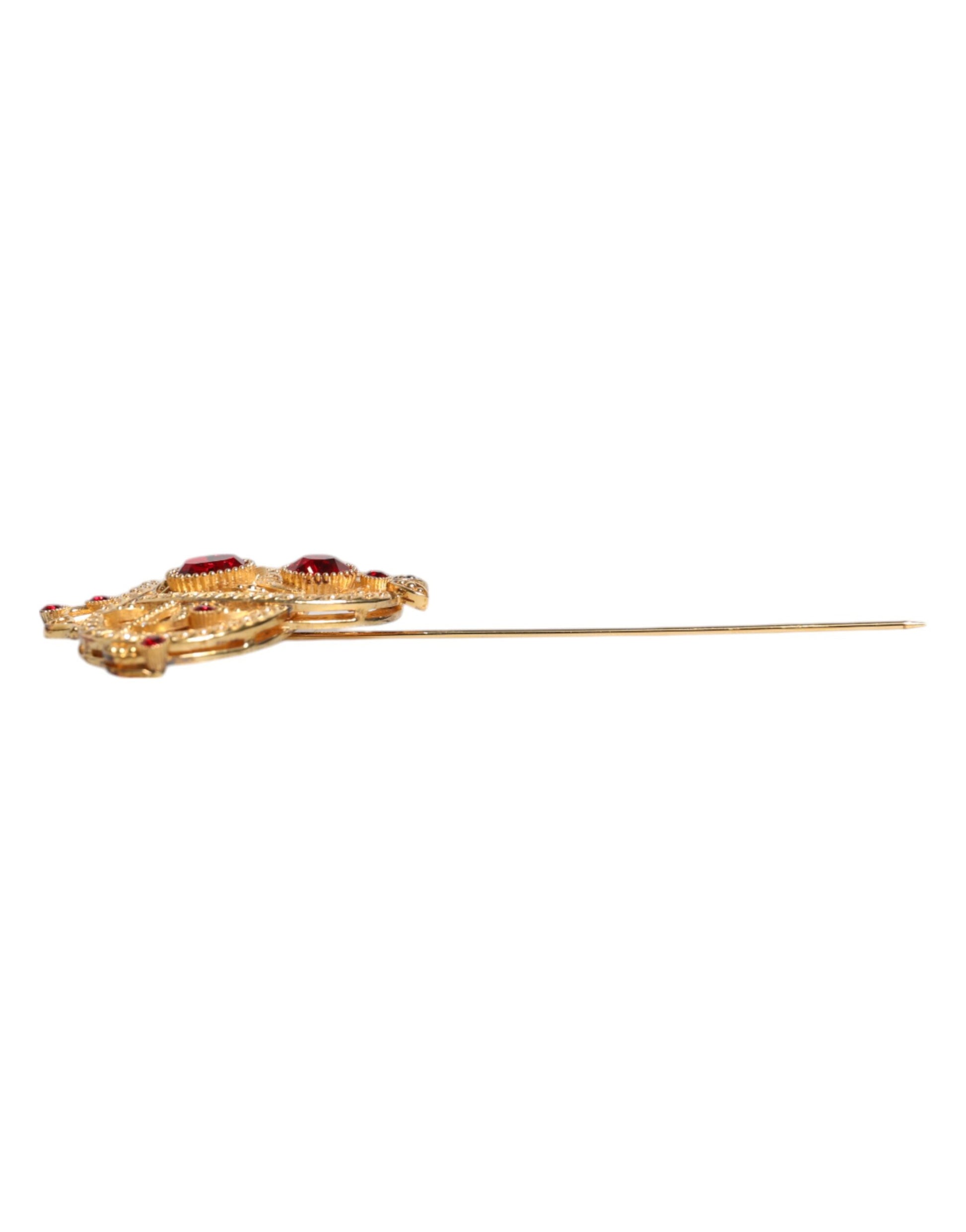 Gold Tone Red Crystal Embellish 925 Sterling Silver Pin