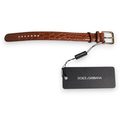 Brown Textured Leather Gold Metal Buckle Armband