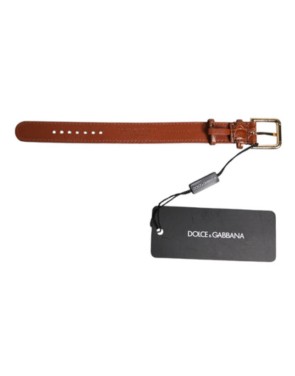 Brown Textured Leather Gold Metal Buckle Armband