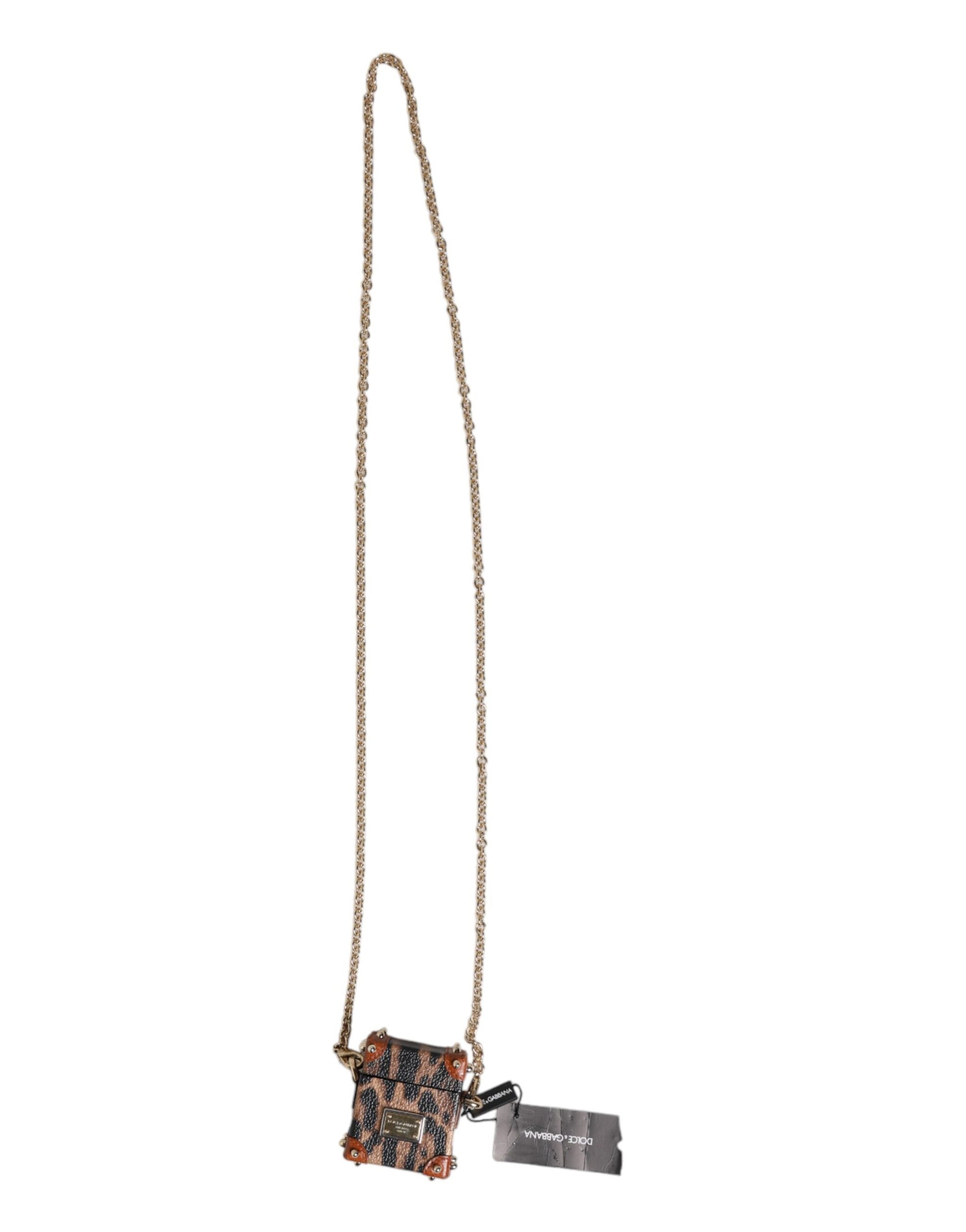 Brown Leopard Metal Logo Plaque Gold Chain Airpods Case